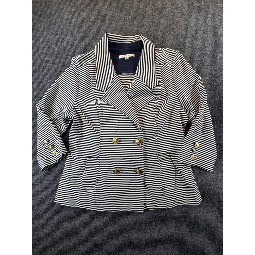 Cabi 823 Navy White Striped Nautical Blazer Gold Anchor Button Knit Jacket L